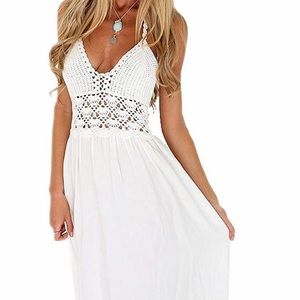 White beach crochet backless dress